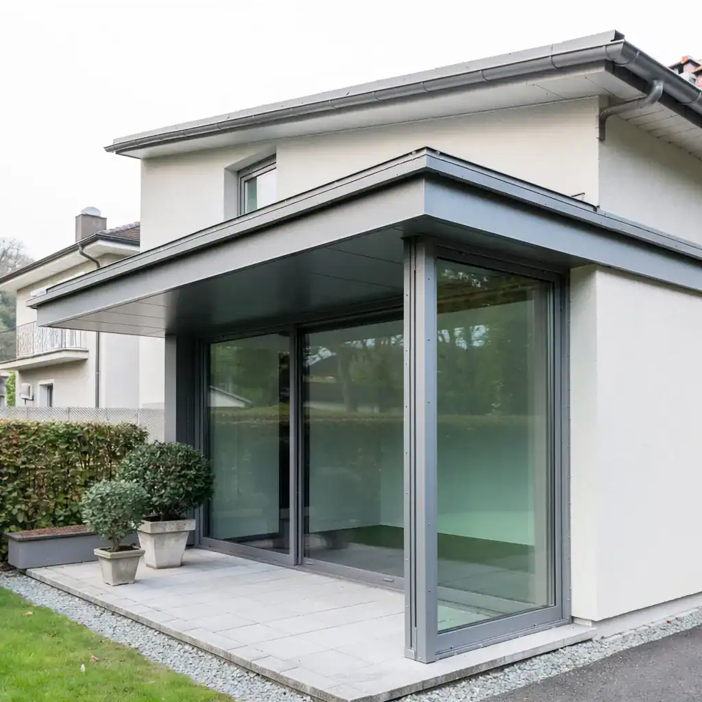 Veranda en verre avec cadre en métal gris, extension d'une maison moderne.