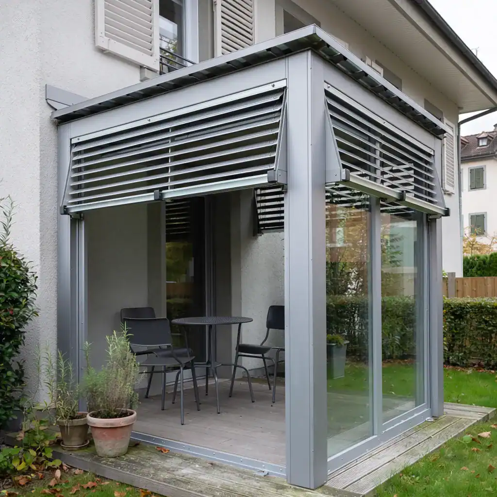 Veranda en aluminium avec volets roulants et grandes fenêtres en verre.