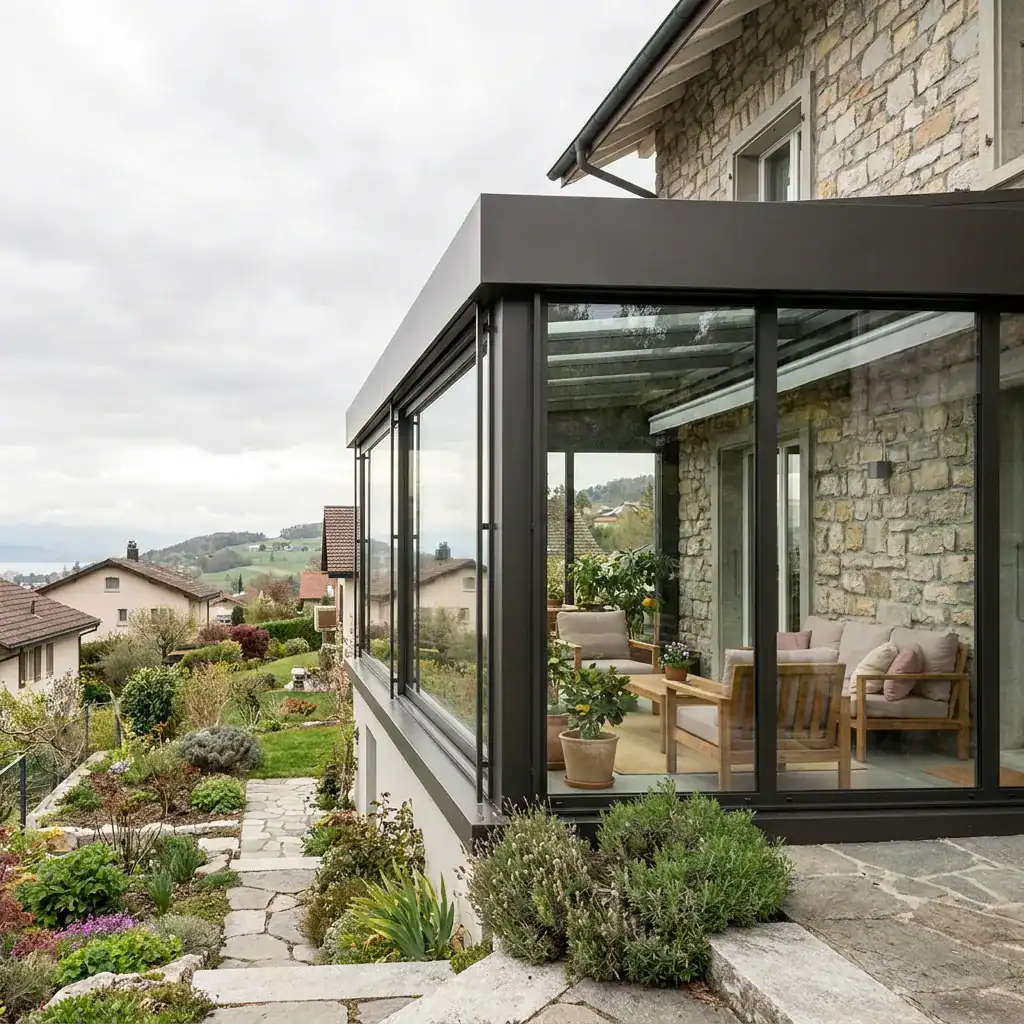 Véranda en verre avec cadre noir et mobilier intérieur visible.