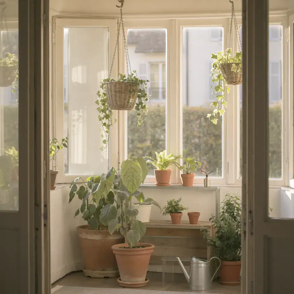 Véranda lumineuse avec plusieurs plantes en pot suspendues et sur le rebord.